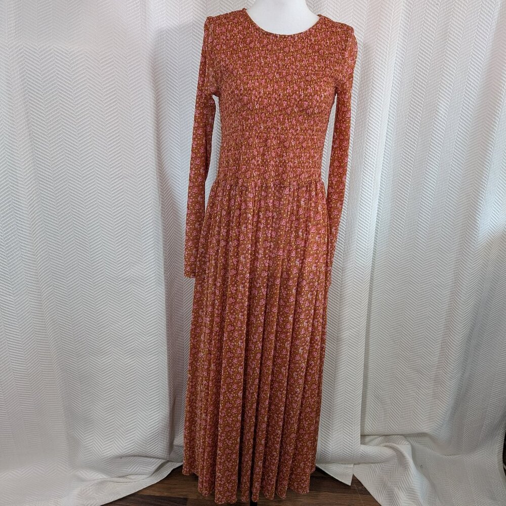 Free People Hello and Goodbye Midi Dress Floral Orange/Brown Est. Medium Boho - Picture 1 of 11
